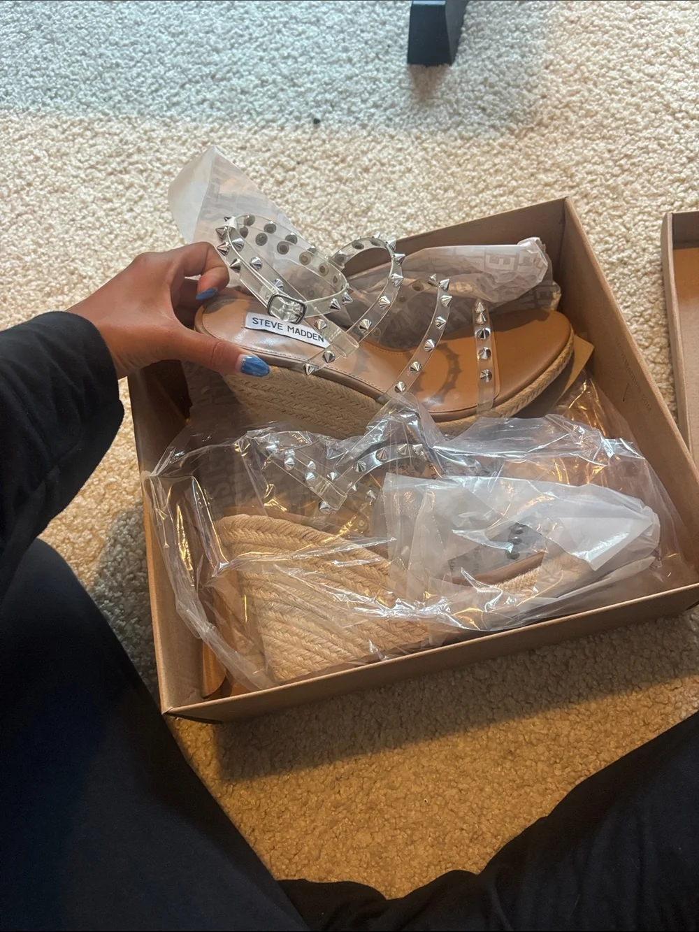 Steve Madden Natural Espadrille Wedge Sandals with Clear Studded Straps